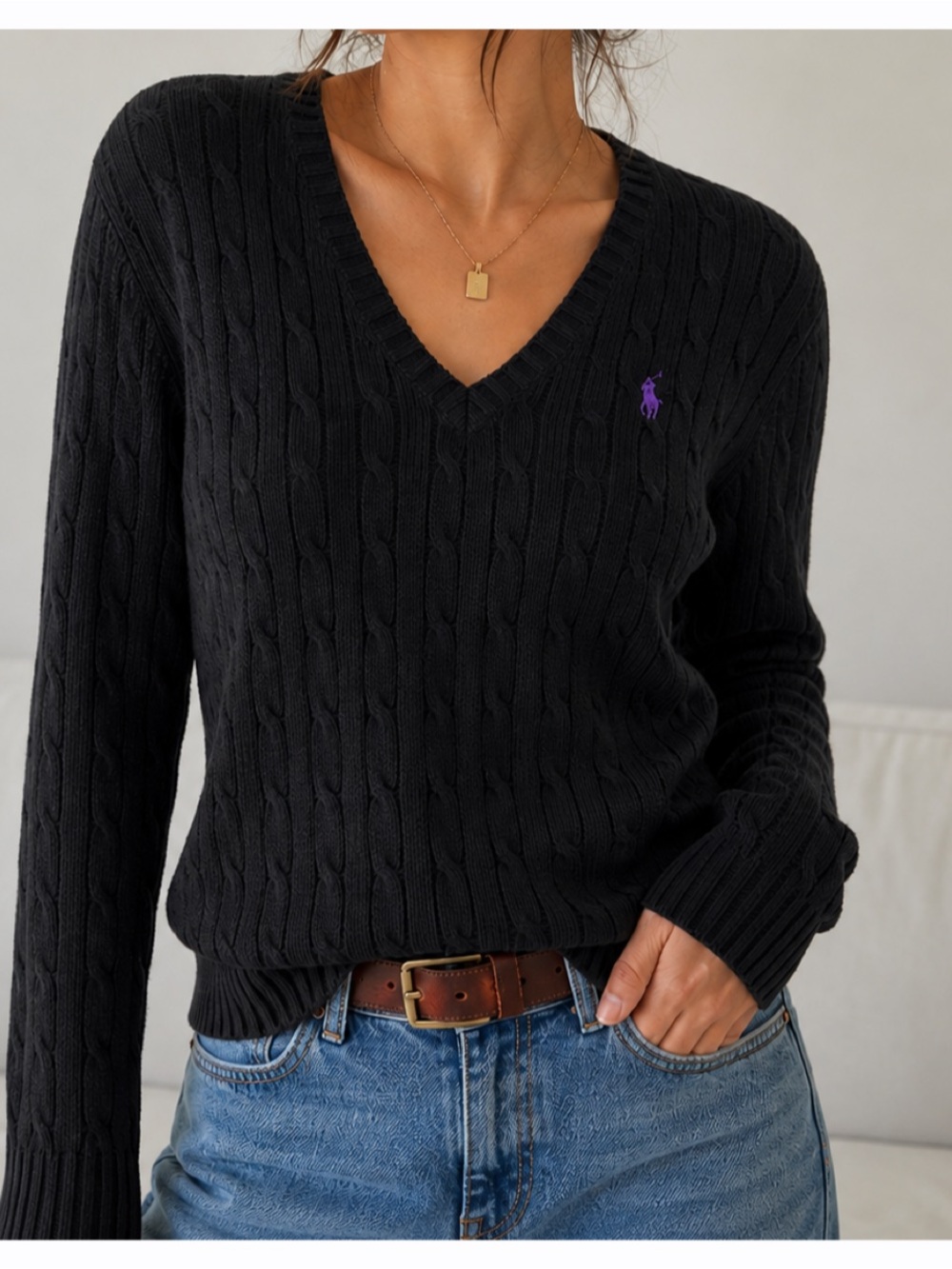 Y2K Ralph Lauren Sport Cable Knit Sweater Womens XL Black Purple Pony V Neck